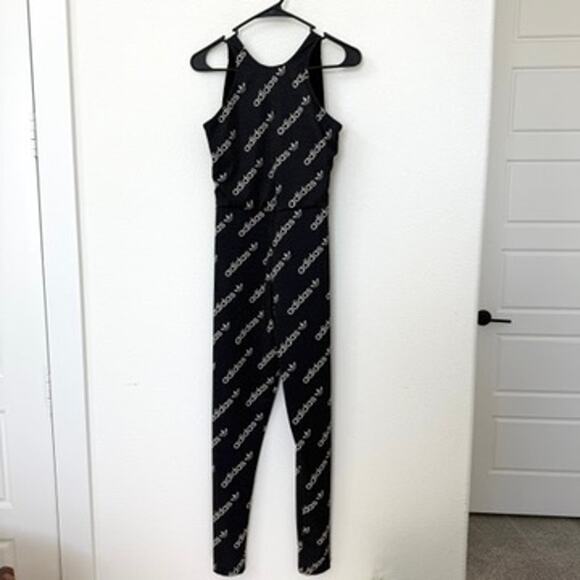 adidas Pants - Adidas Trefoil Jumpsuit Logo Print Black White S Sporty Streetwear Y2K
